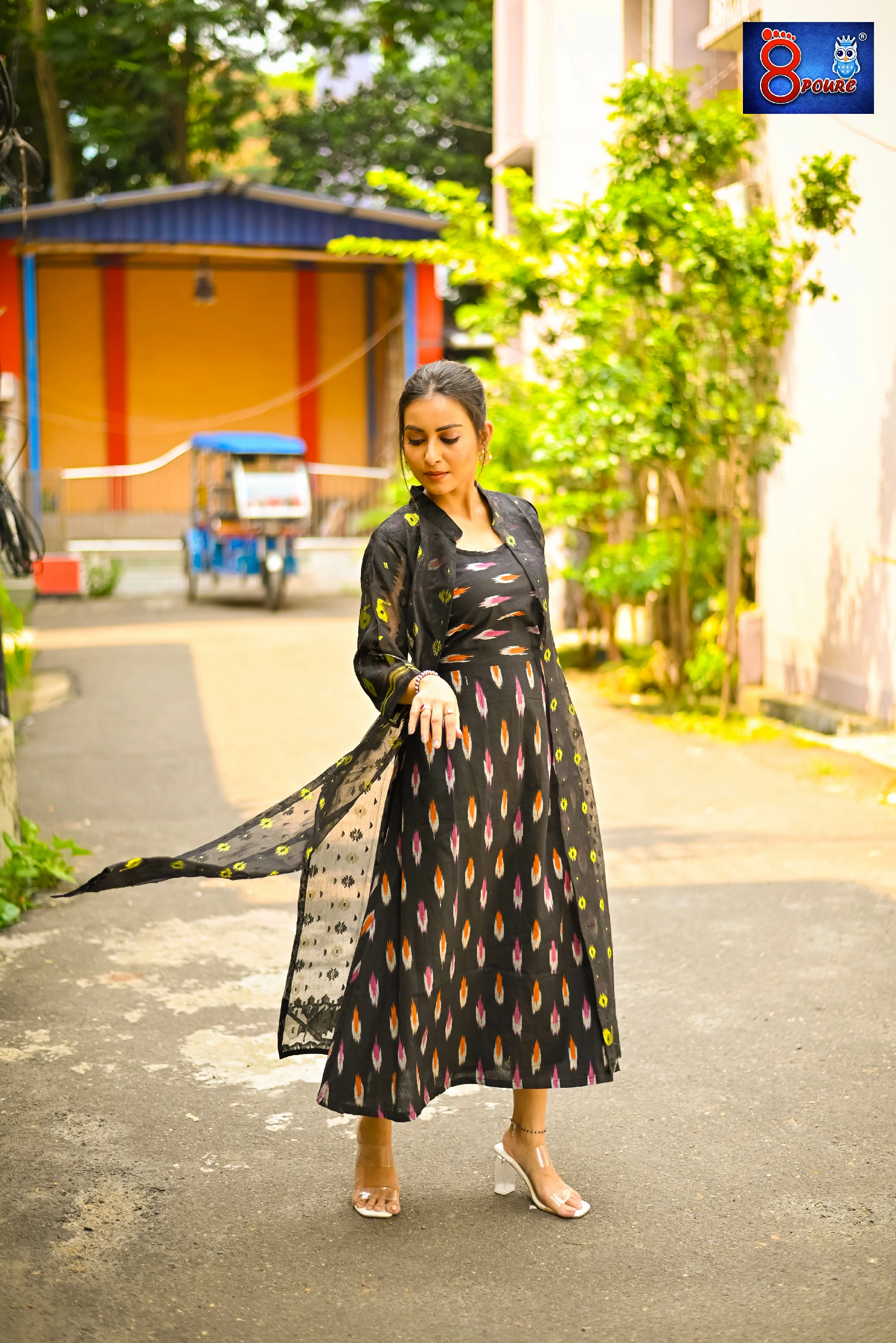 Pure Pochampally Cotton Ikkat Midi Dress & Jamdani Shrug | Black | SKS 19