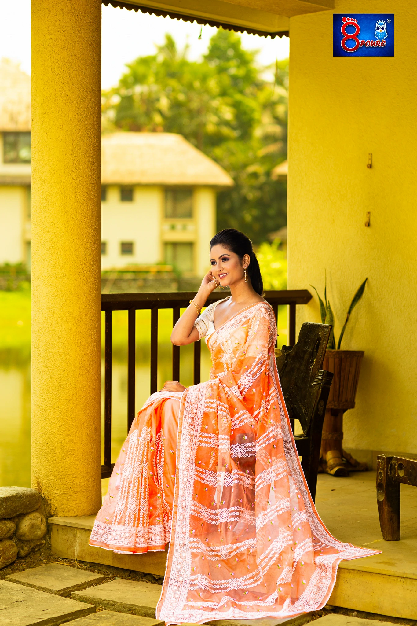 DESIGNER CHIKANKARI EMBROIDERY ORAGNZA SAREE | WITH BLOUSE PIECE | PEACH | OCB 05