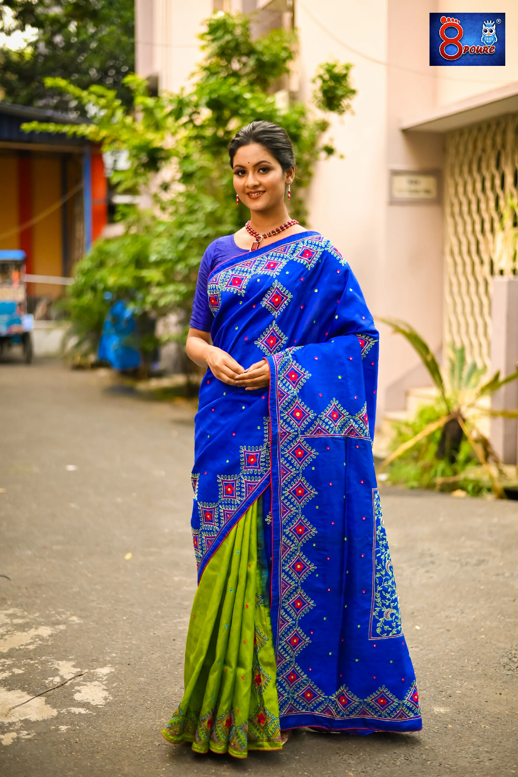 Royal Blue Parrot Green Hand Embroidered Designer Bangalore Silk | Silk Mark | BGS01