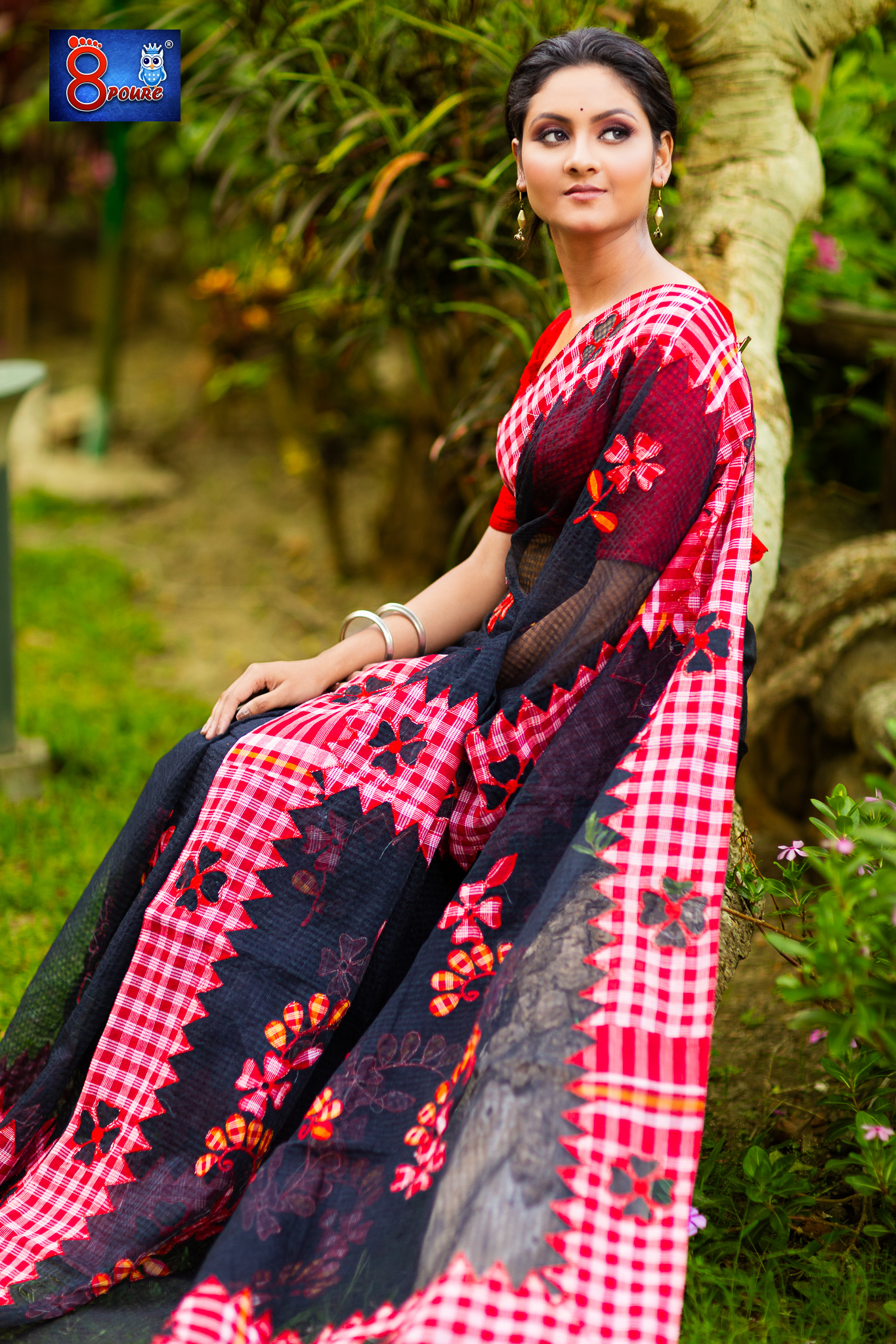 Bengal Handloom Gamcha Patchwork Saree | Black Red | BHG 06