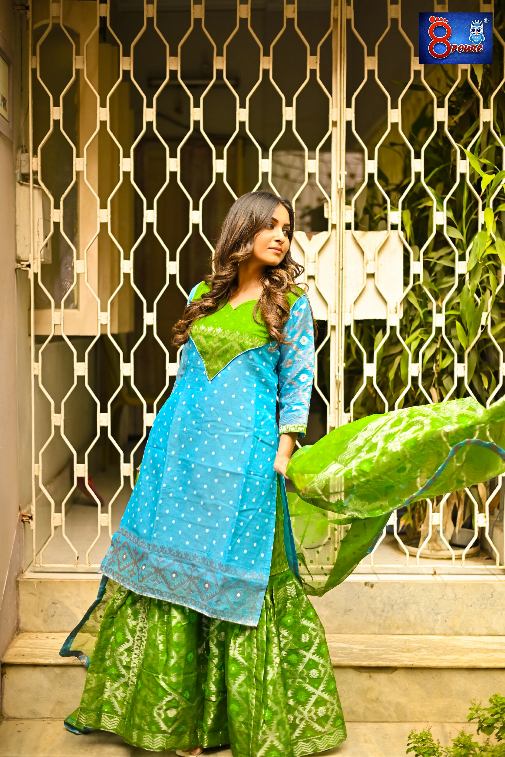 Sky Green Jamdani Sharara 3Pcs Set | SWT 26