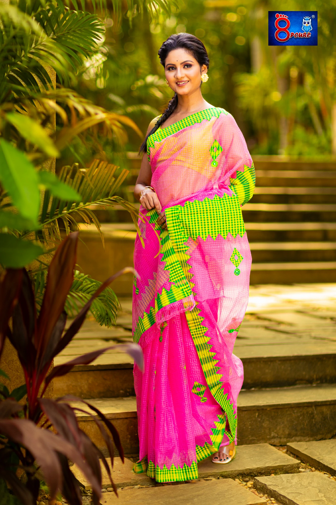 Bengal Handloom Gamcha Patchwork Saree | PINK GREEN| BHG 07