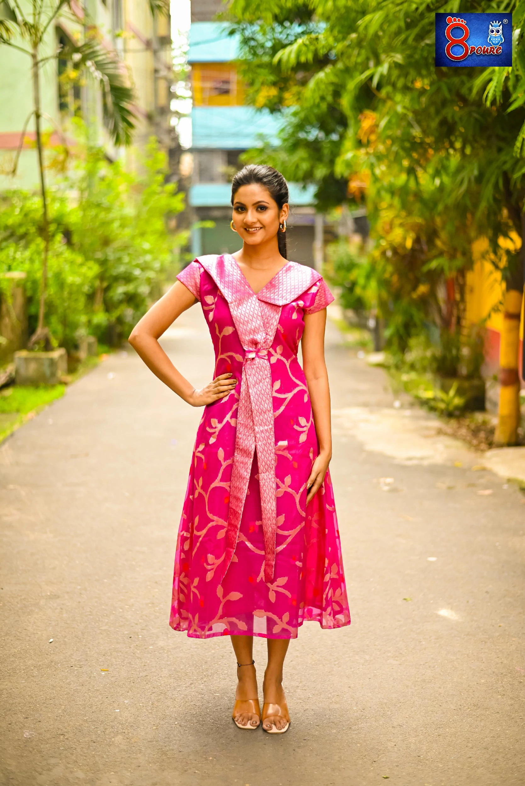 Musline Jamdani  A Line Long Dress | Fuchsia Pink | SKS 13