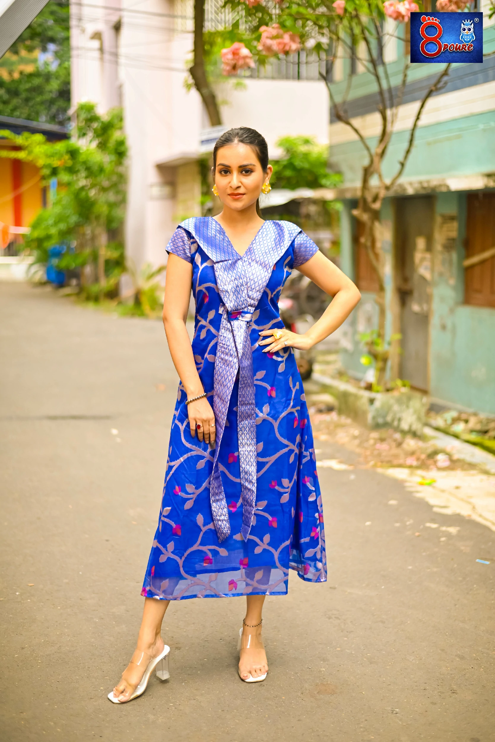 Musline Jamdani A Line Long Dress | Blue | SKS 14