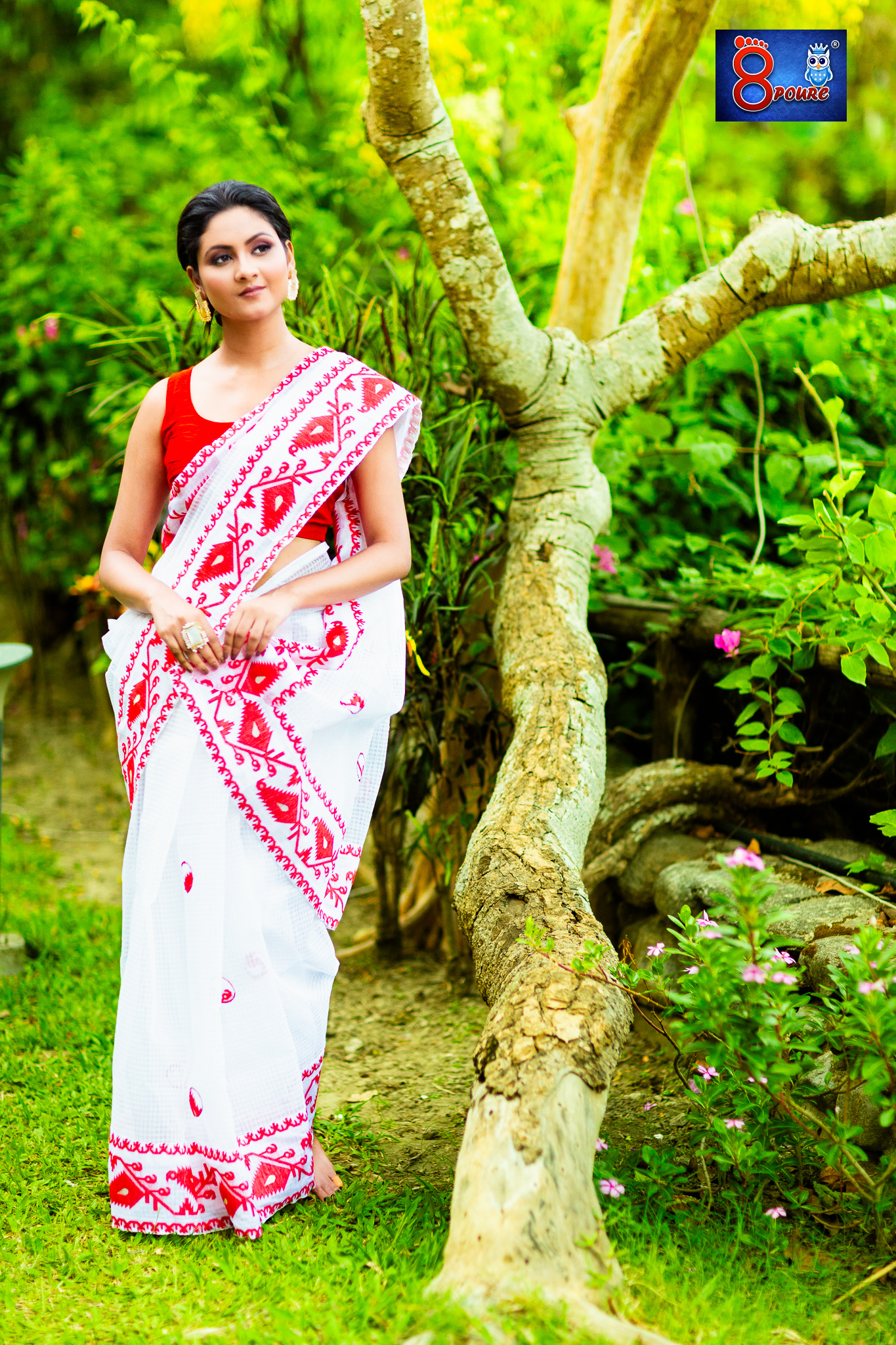 White Reshom  Red  Border Designer Saree | White | RDS 03