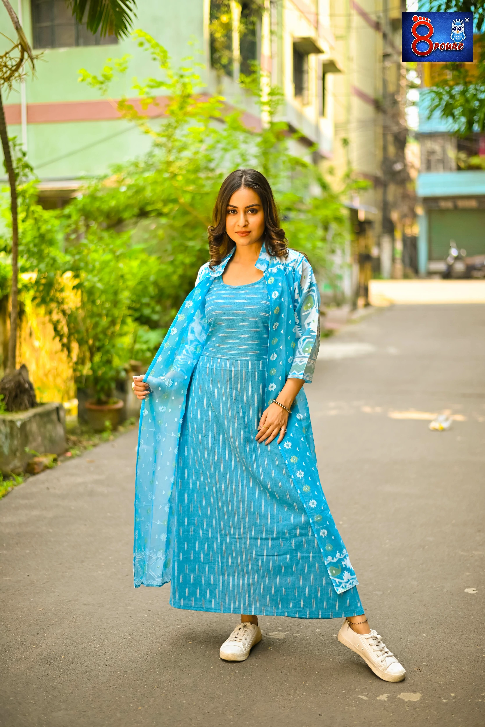Pure Pochampally Cotton Ikkat Midi Dress & Jamdani Shrug | Blue | SKS 21