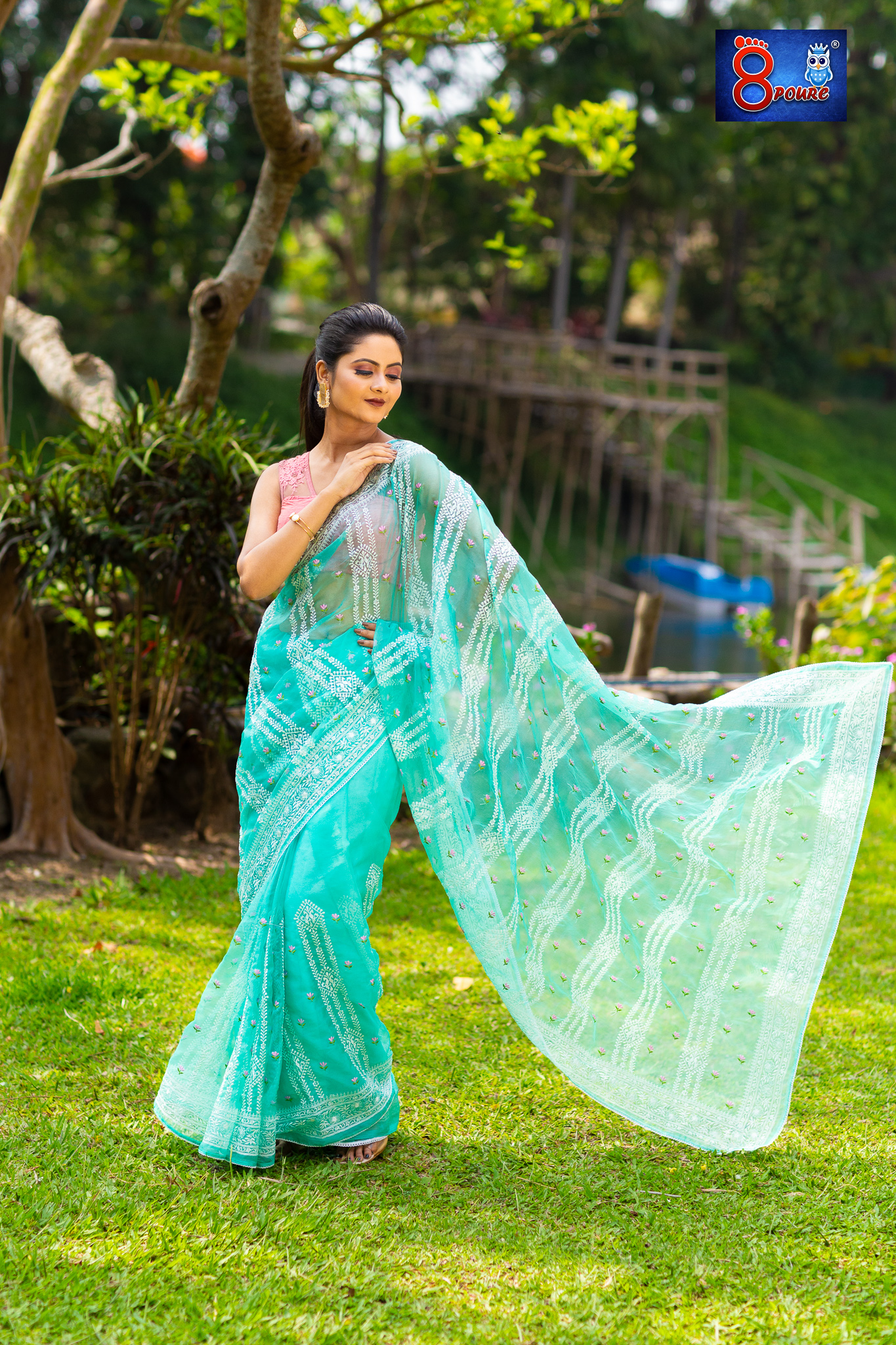 DESIGNER CHIKANKARI EMBROIDERY ORAGNZA SAREE | WITH BLOUSE PIECE | AQUA | OCB 01 