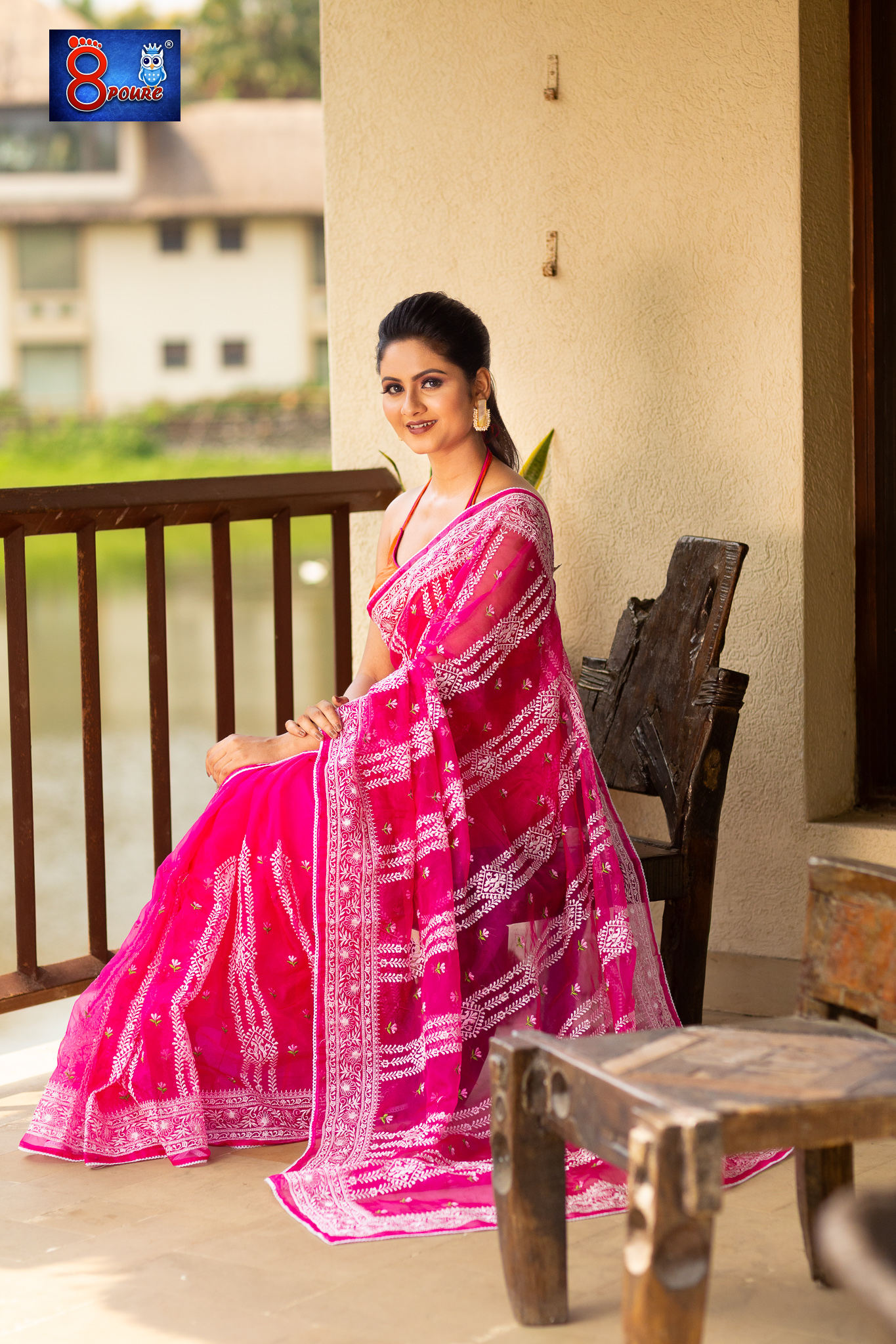 DESIGNER CHIKANKARI EMBROIDERY ORAGNZA SAREE | WITH BLOUSE PIECE | FUCHSIA PINK | OCB 03