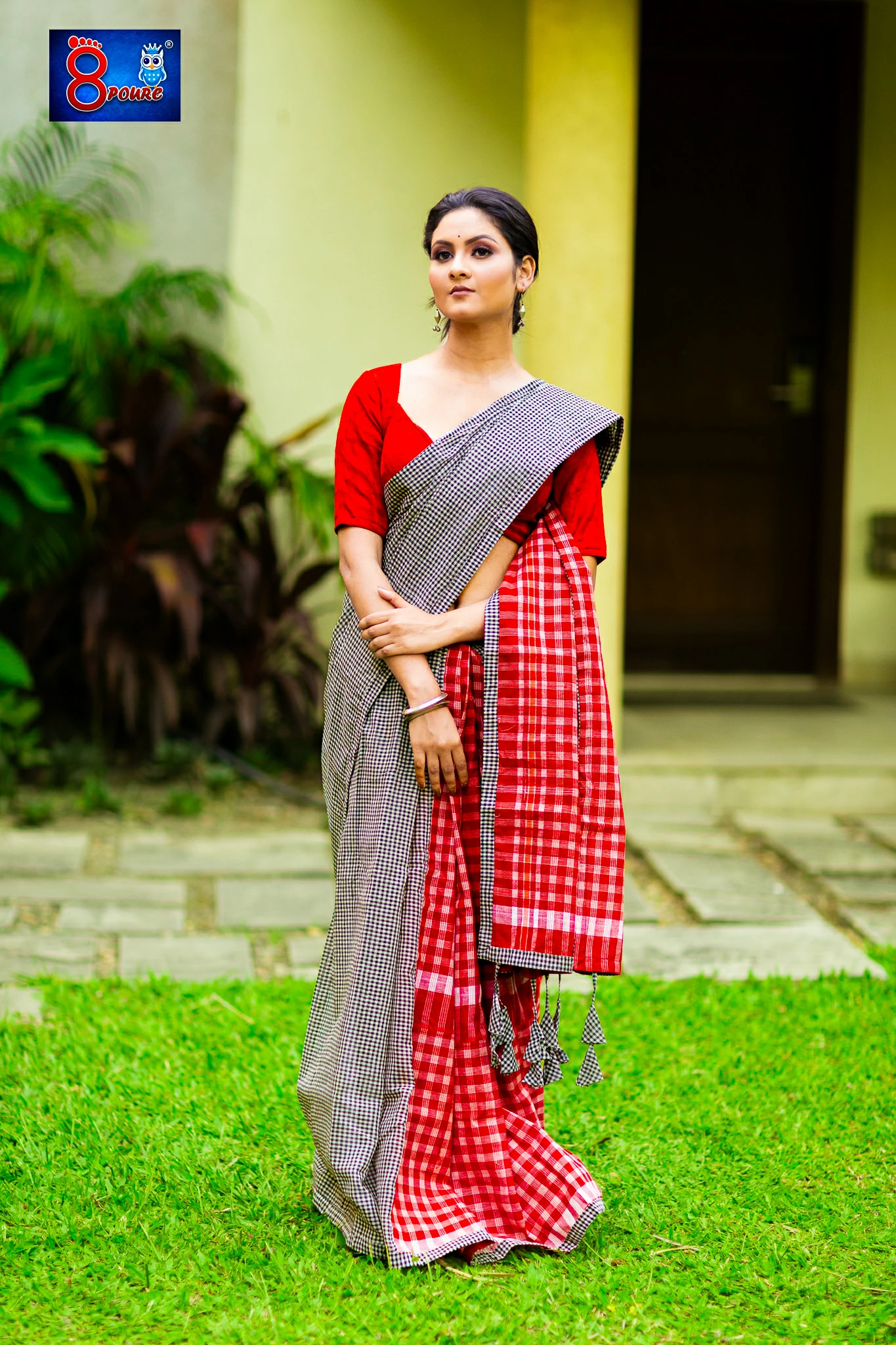 Pure Cotton Gamcha Patchwork Saree | Grey Red | PCGS 02  