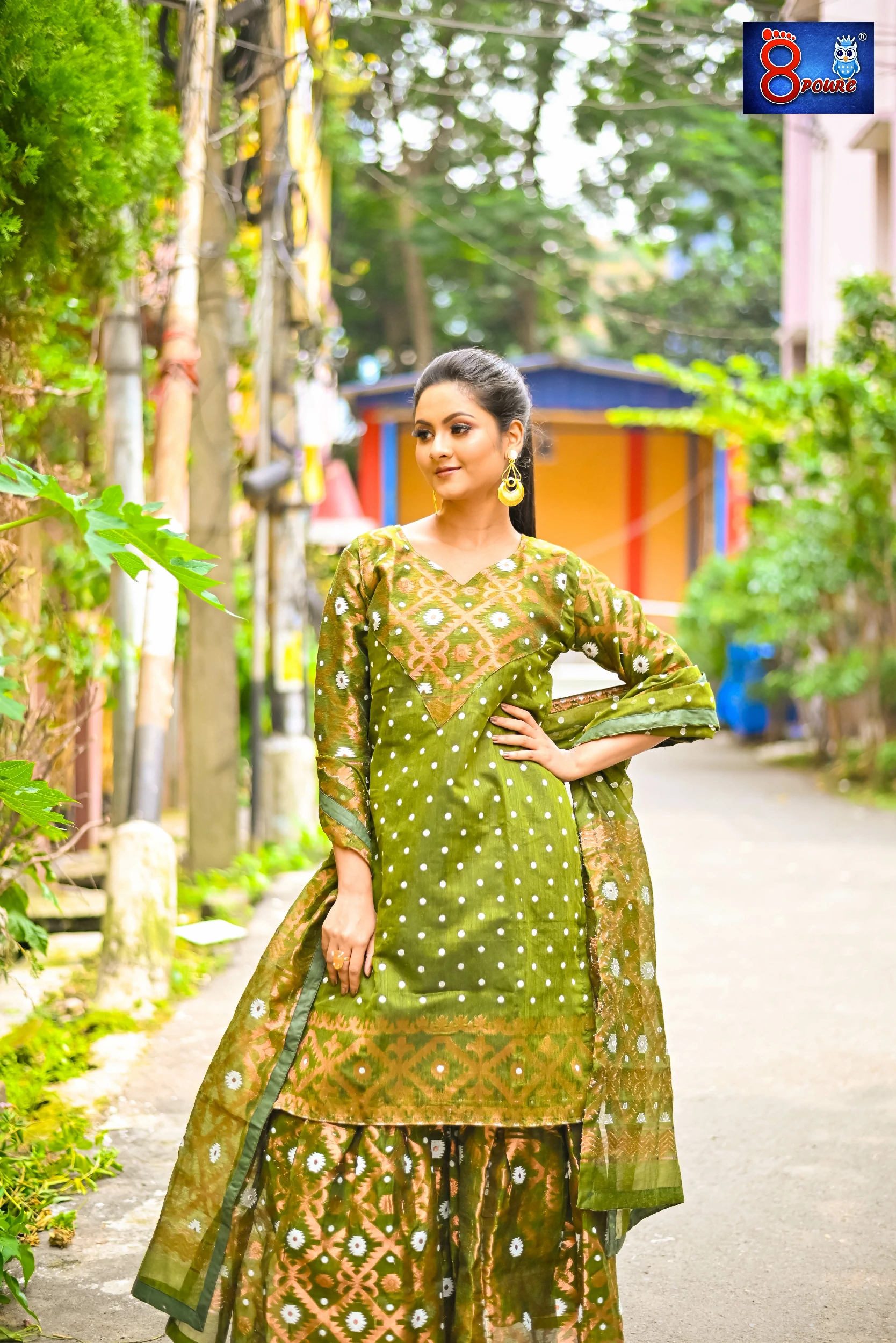 Olive Green Jamdani Sharara 3Pcs Set | SWT 02