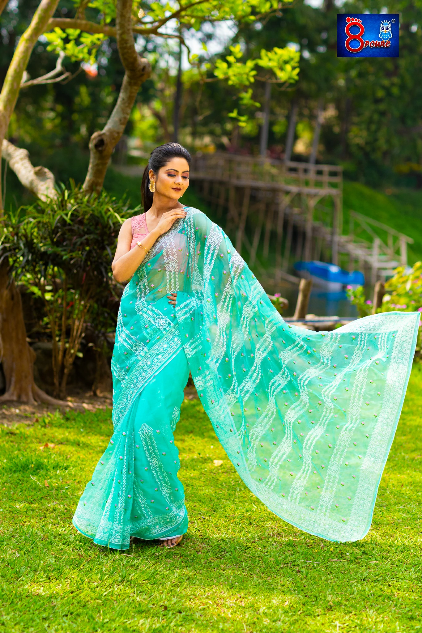 DESIGNER CHIKANKARI EMBROIDERY ORAGNZA SAREE | WITH BLOUSE PIECE | AQUA | OCB 01 