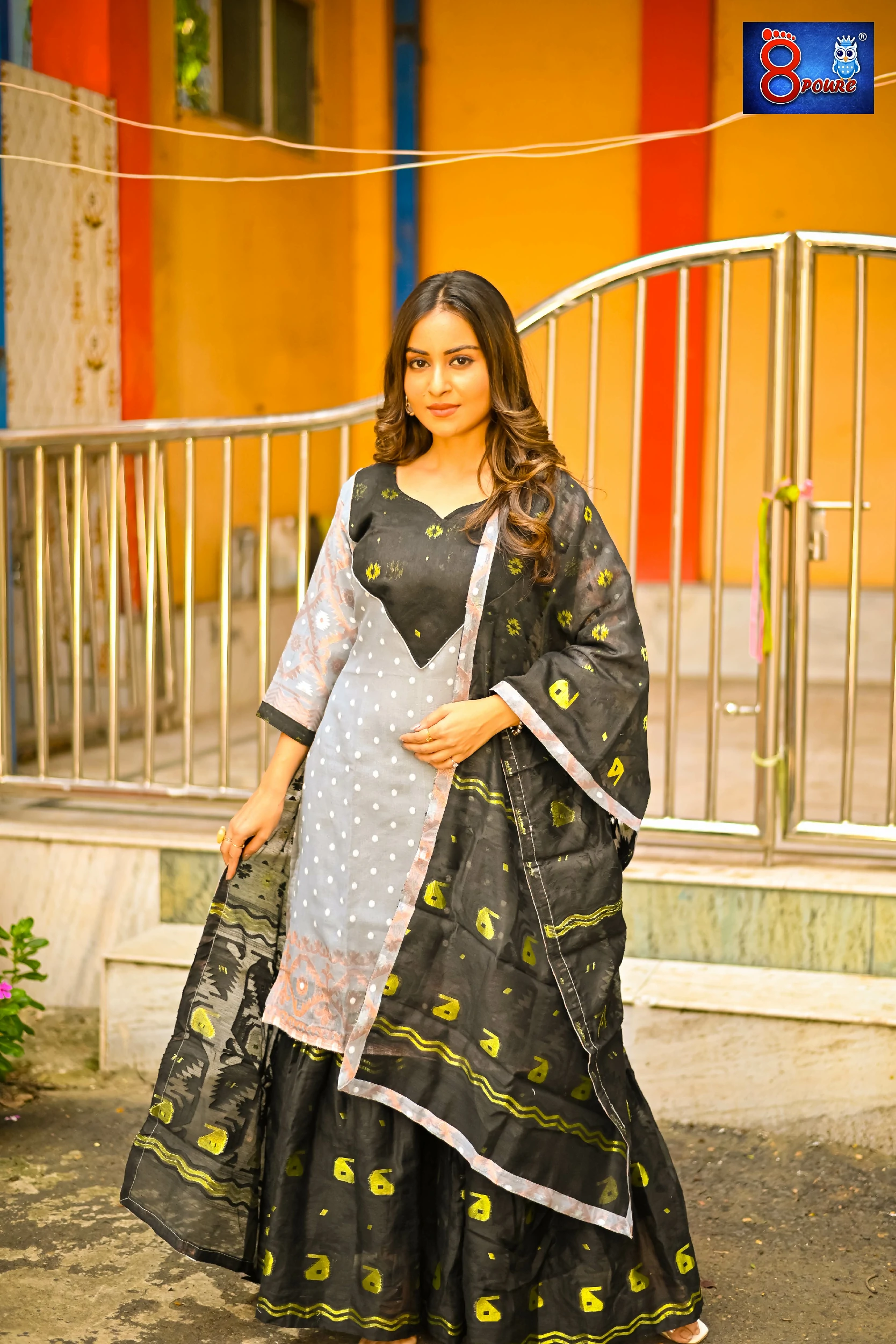 Grey Black Jamdani Sharara 3Pcs Set | SWT 13