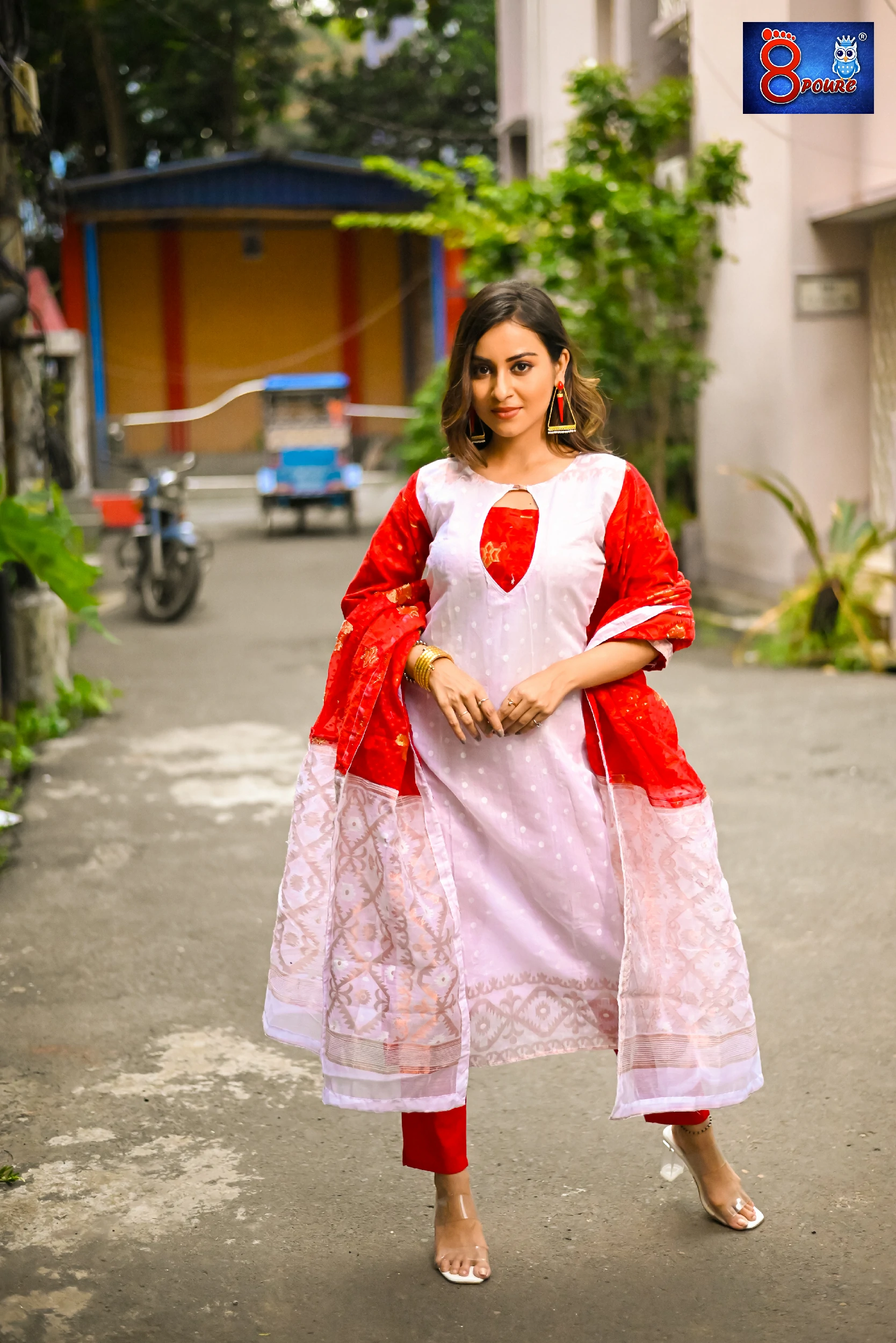 White Red Jamdani Kurti Dupatta | JKD 78