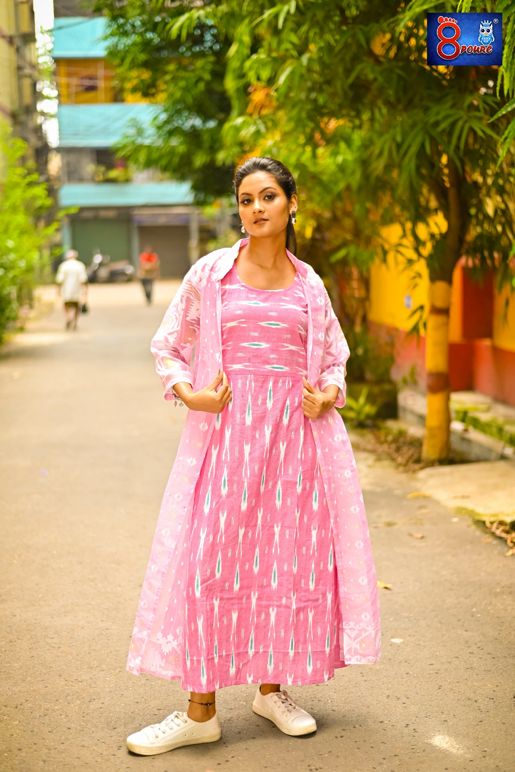 Pure Pochampally Cotton Ikkat Midi Dress & Jamdani Shrug | Pink | SKS 12