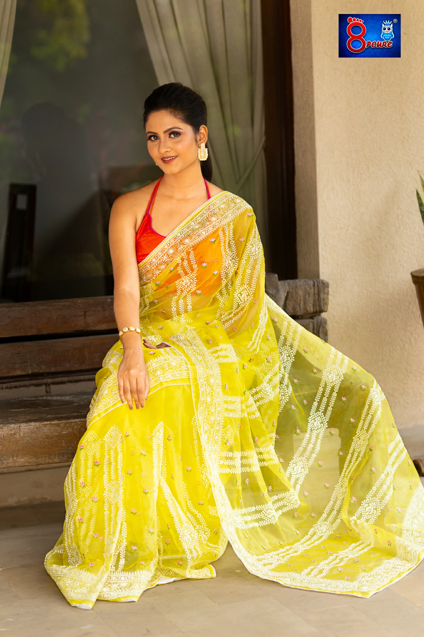DESIGNER CHIKANKARI EMBROIDERY ORAGNZA SAREE | WITH BLOUSE PIECE | BUTTER YELLOW | OCB 02