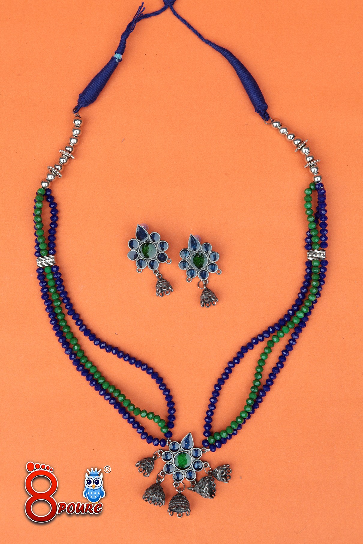 Opaque Crystal German Silver Jewellery set | Blue & Green | Necklace & Earings