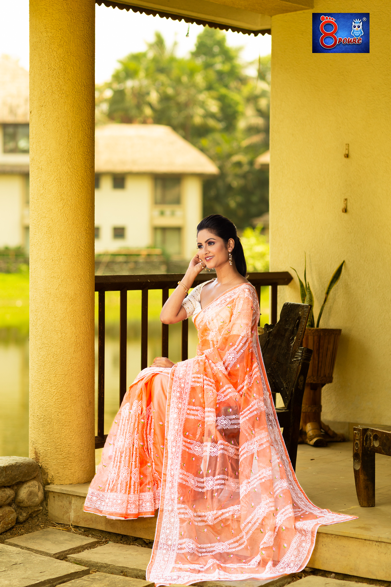 DESIGNER CHIKANKARI EMBROIDERY ORAGNZA SAREE | WITH BLOUSE PIECE | PEACH | OCB 05