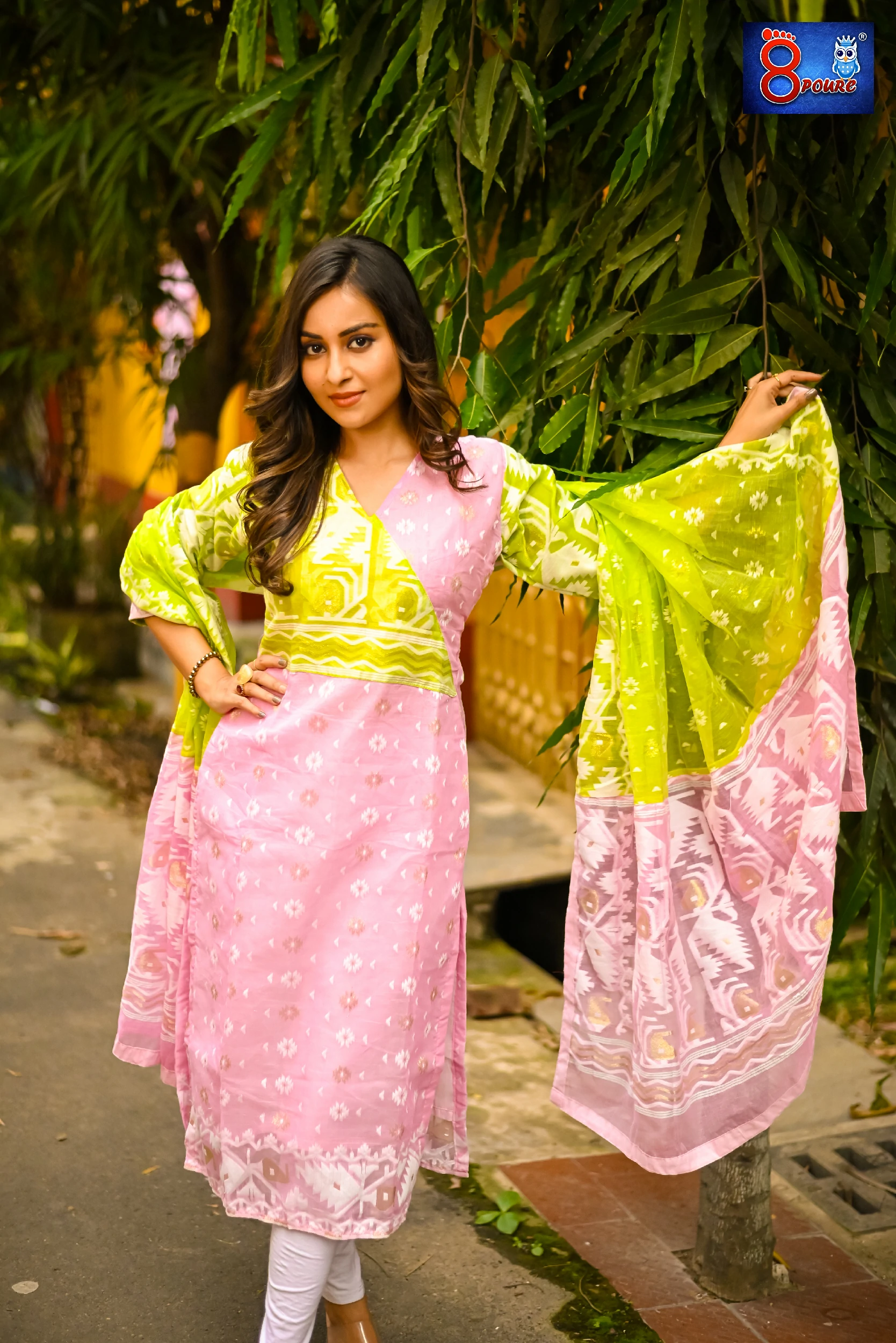 Green Pink Jamdani Kurti Dupatta | JKD 80