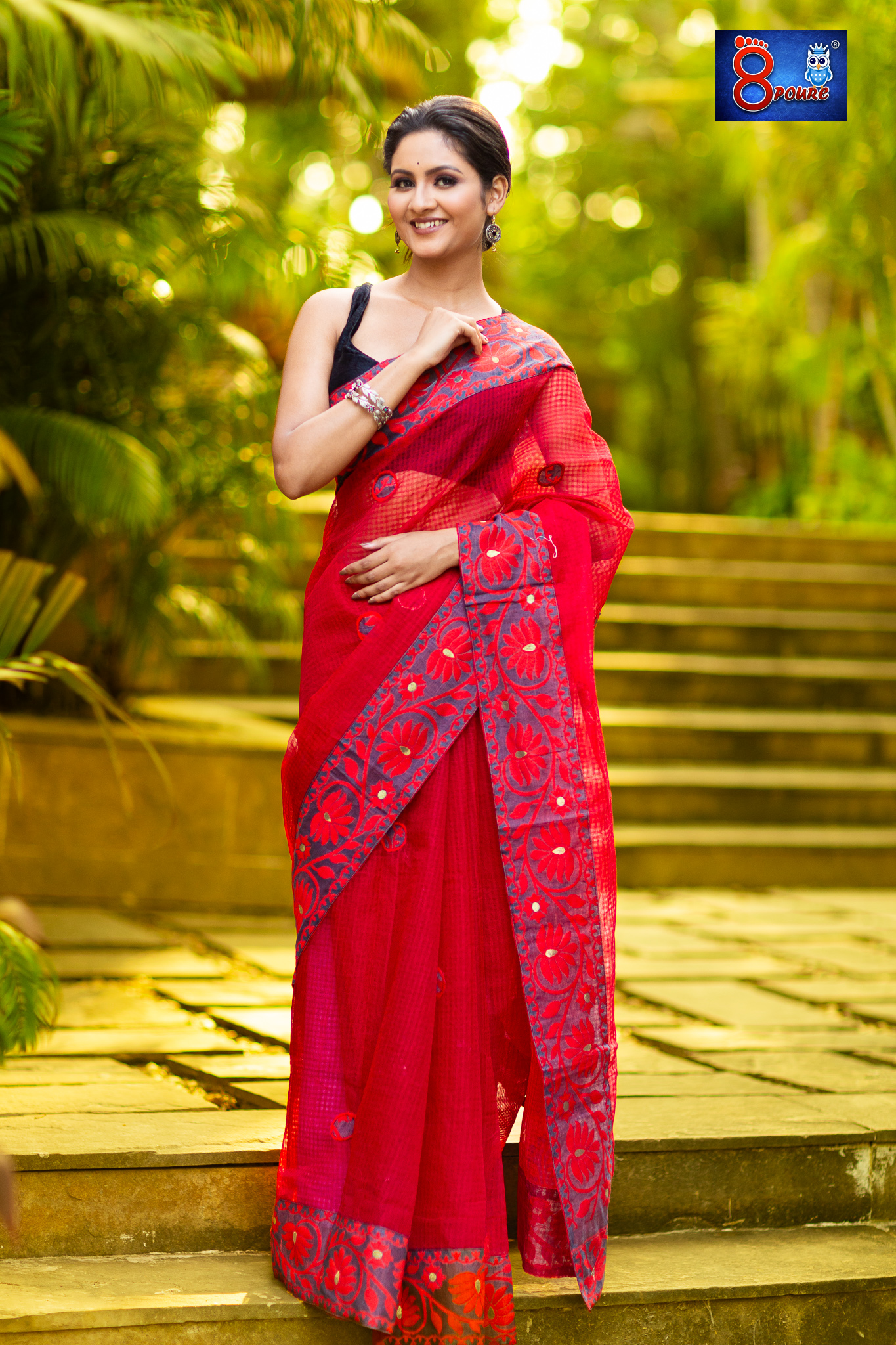 Red Reshom Grey Border Designer Saree | Red | RDS 01