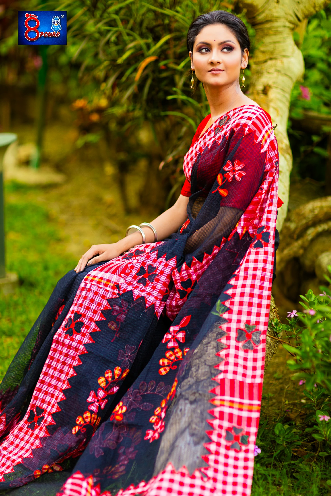 Bengal Handloom Gamcha Patchwork Saree | Black Red | BHG 06