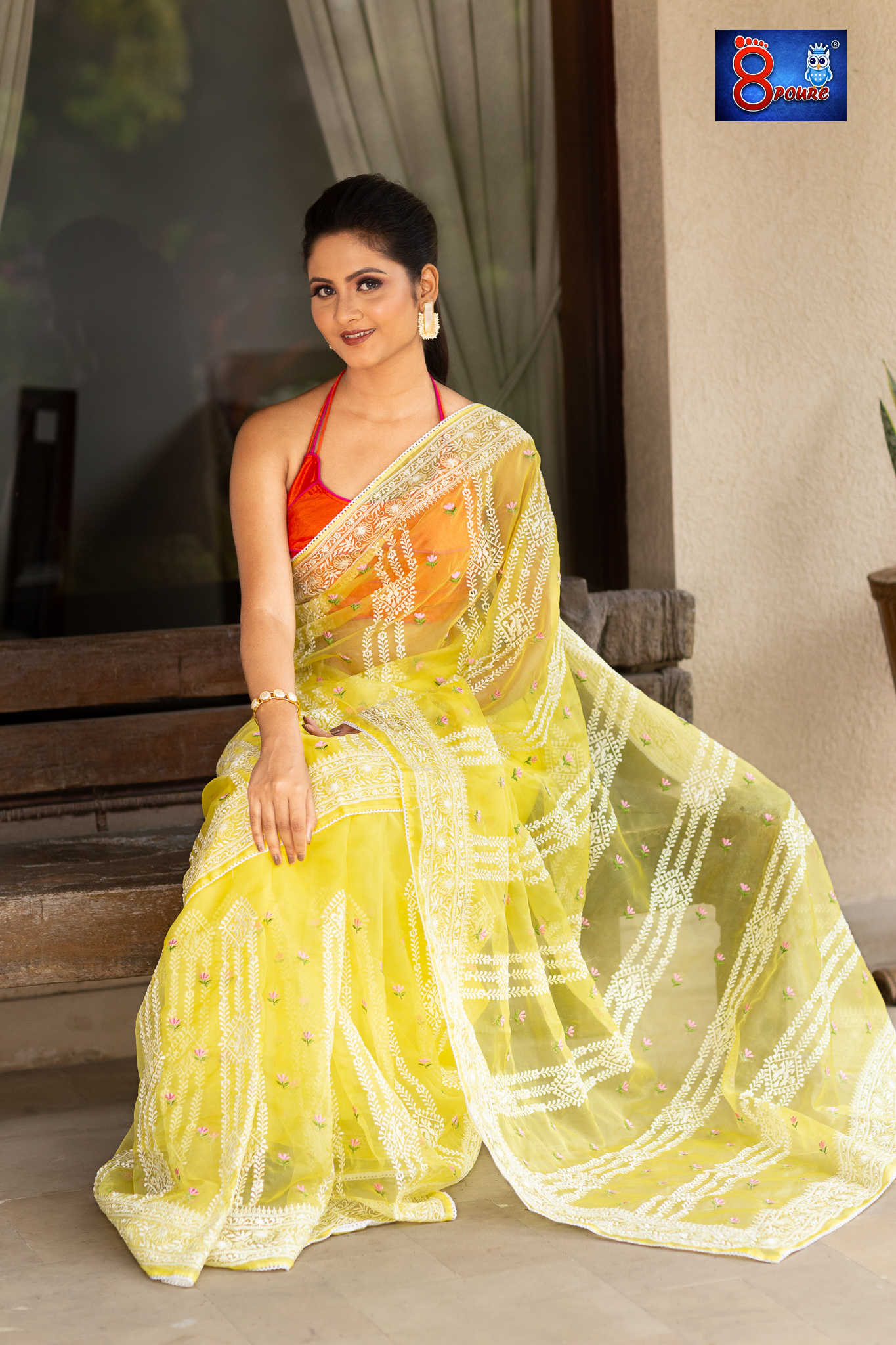 DESIGNER CHIKANKARI EMBROIDERY ORAGNZA SAREE | WITH BLOUSE PIECE | BUTTER YELLOW | OCB 02