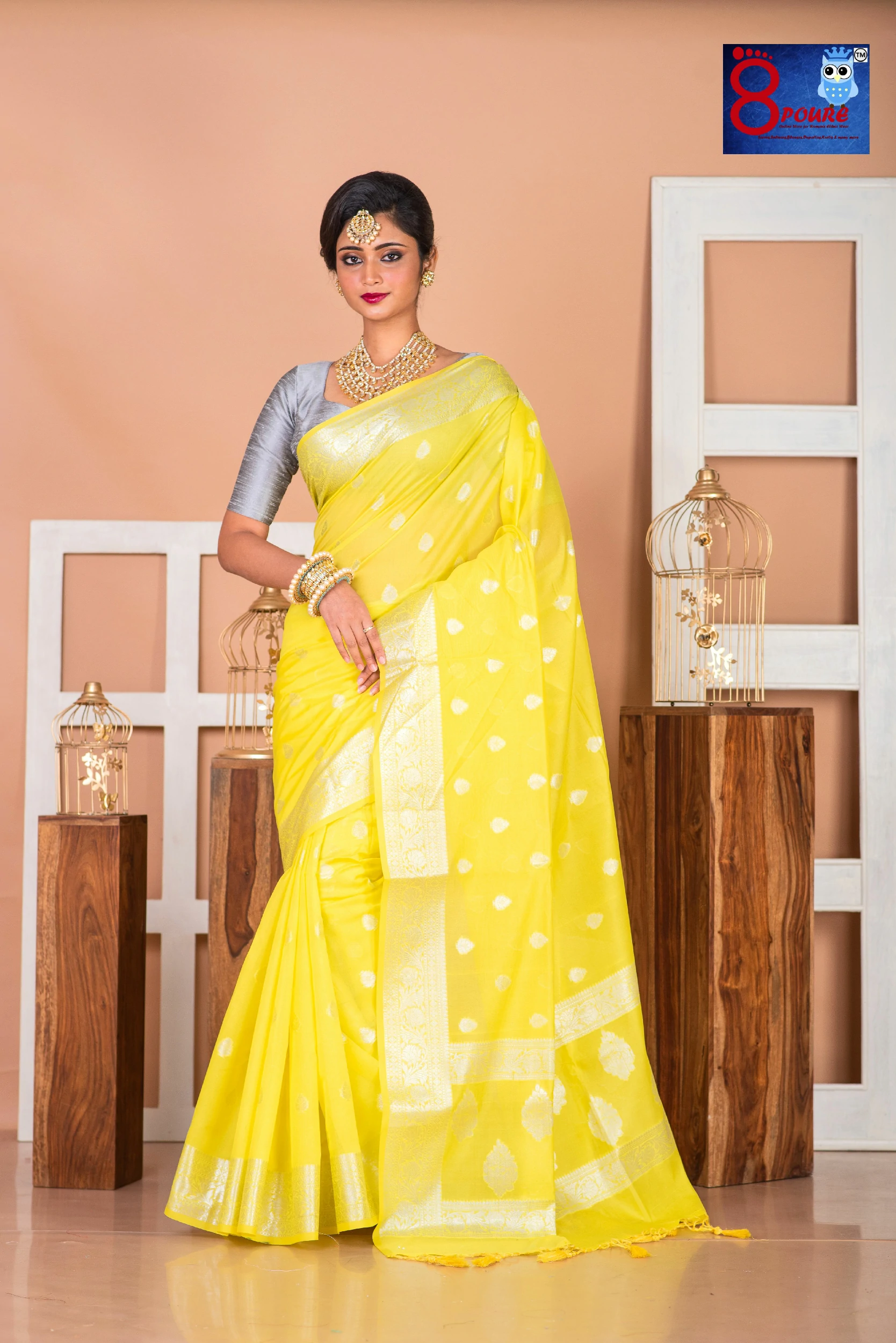 Pure Organza Silver Boota Weaved Saree | Yellow | POS 04