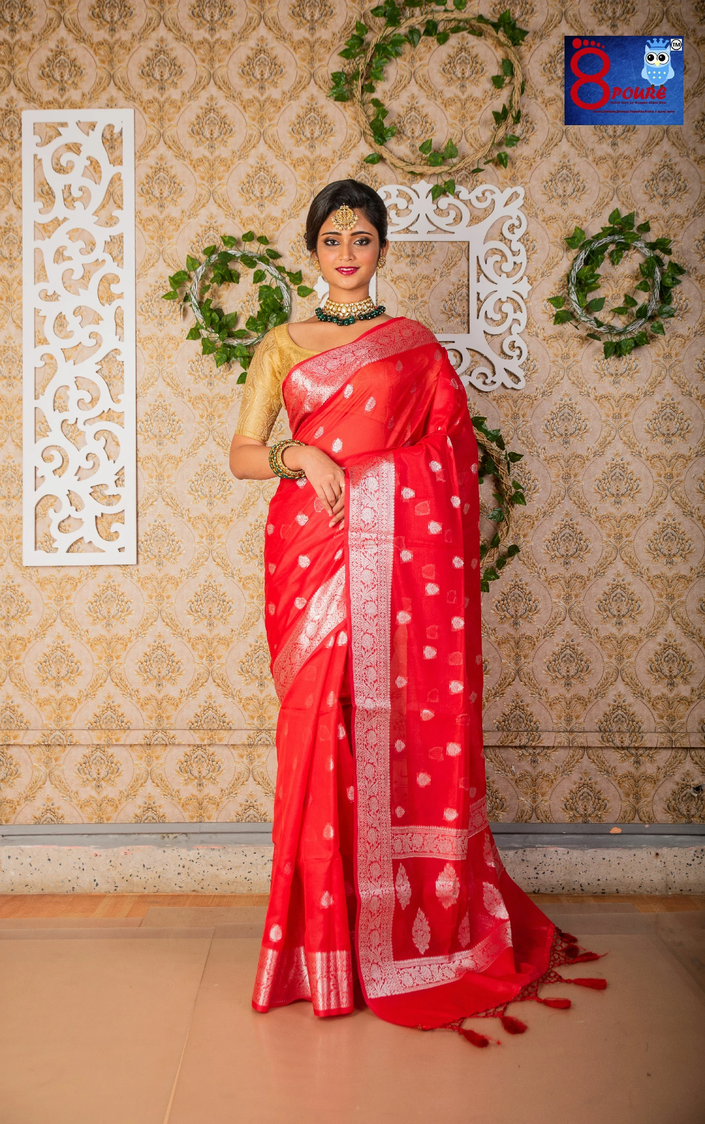 Pure Organza Silver Boota Weaved Saree | Red | POS 01