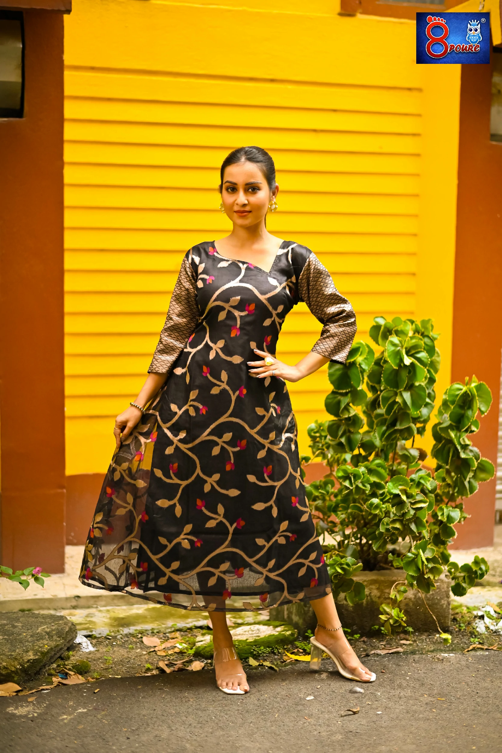 Musline Jamdani A Line Long Dress | Black | SKS 16