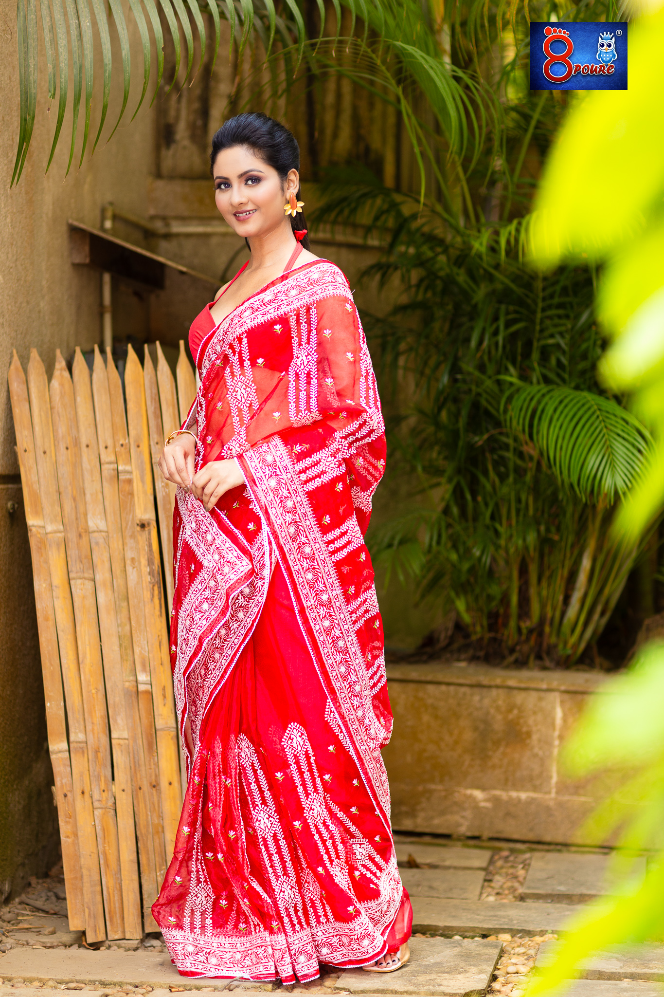 DESIGNER CHIKANKARI EMBROIDERY ORAGNZA SAREE | WITH BLOUSE PIECE | RED | OCB 04