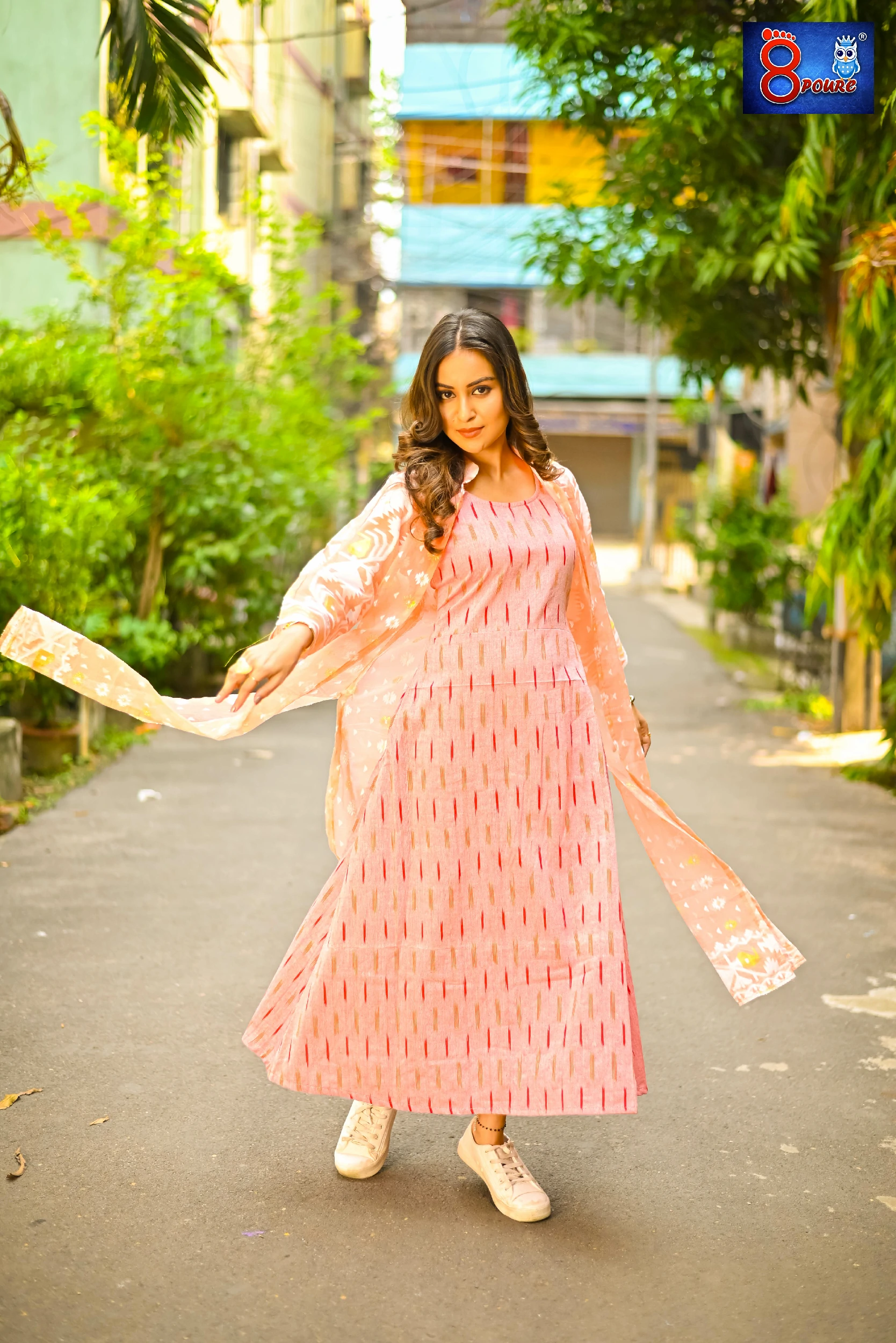 Pure Pochampally Cotton Ikkat Midi Dress & Jamdani Shrug | Peach | SKS 20	